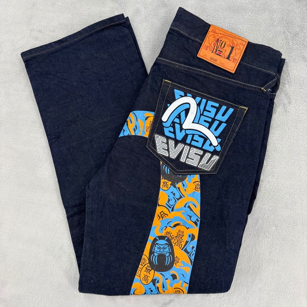 Evisu Osaka Daicock Paint Jeans Mens 34 Indigo Graphic Print Selvedge Made Japan